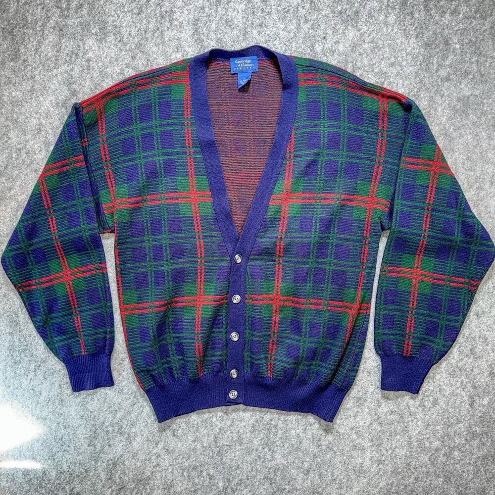 Vtg Cambridge Classics Cardigan Sweater Mens L Plaid Wool Blend Geometric Italy
